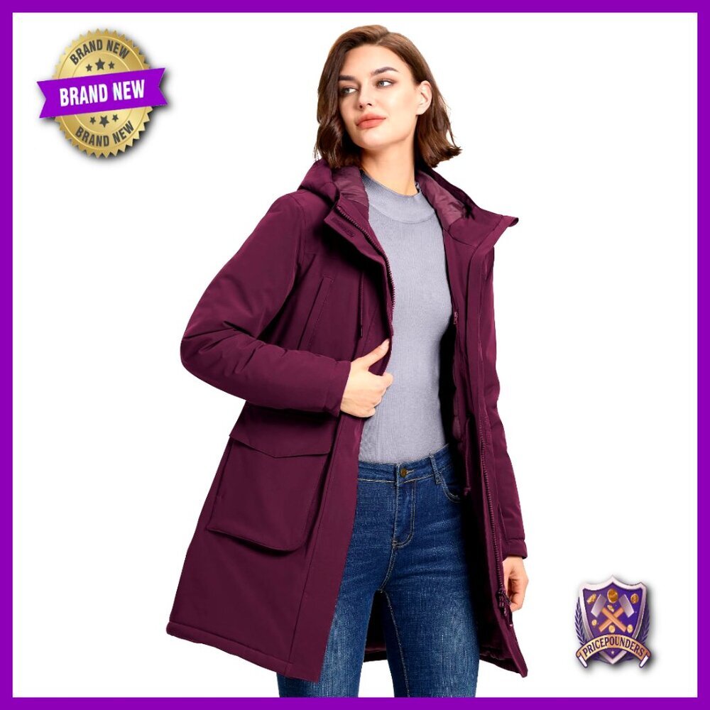 Waterproof Insulated Long Winter Coat Hooded Windproof Jacket Travel Ski